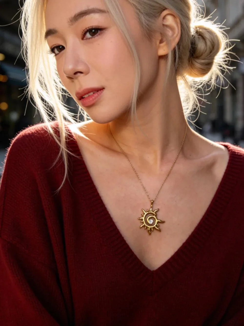Gold Sun Spiral Pendant Necklace Stainless Steel - Picture 10 of 13